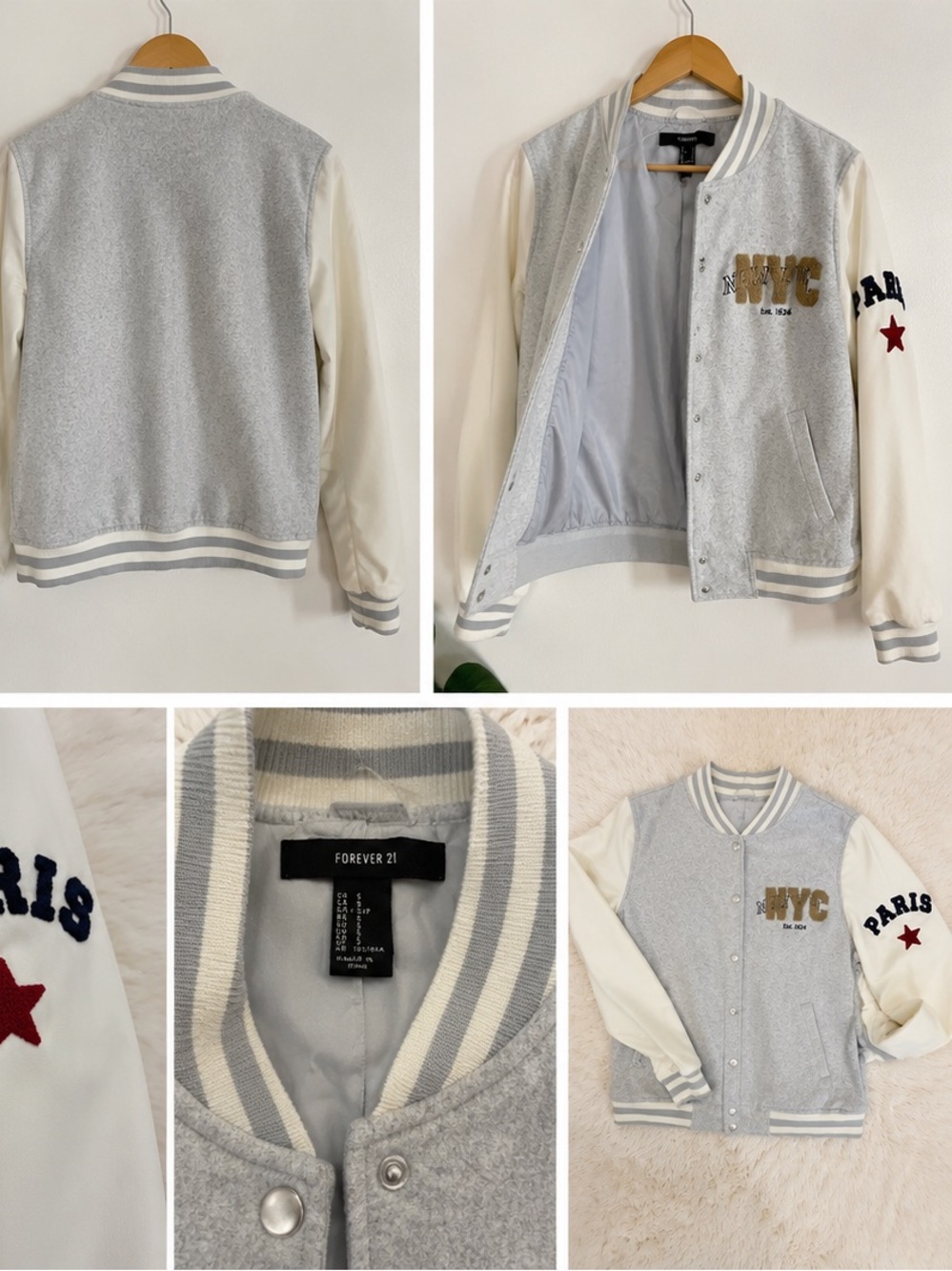 Forever 21 Gray and Cream NYC Patch Varsity Jacket
